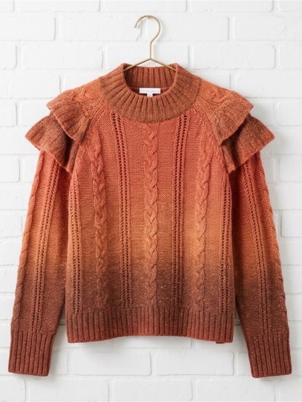 Vigoss Rust Ombre Cable-Knit Ruffle Shoulder Sweater